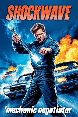 "Design a 90s-style romantic movie poster titled 'Shockwave "Customs"' with a blue theme and blue flames. Feature a super heroic mechanic in the foreground, fiercely battling thousands of adversaries with a spanner. In the background, show cars doing burnouts, creating a dynamic and intense scene. Capture the high-energy, gritty aesthetic of classic 90s romantic films. Prominently display the subtitle 'mmechanic negotiator' in bold, CRAZY impactful lettering."