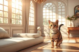 3D characters, an elegant pretty young woman in an elegant beige-white-brown room S<AI in sunshine, cute tabby cat