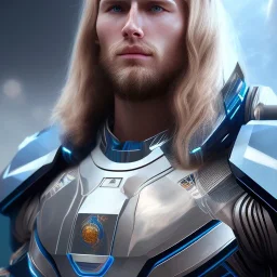 Full body ,Beautiful cosmic man, blue eyes, long blond hair, cosmic suit, galactic backdrop, soft lighting, hyper realistic, unreal engine 5, 16k