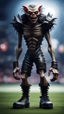 full figure portrait of a vampire werewolf goblin gremlin with soccer boots , in the style of Giger,bokeh like f/0.8, tilt-shift lens 8k, high detail, smooth render, down-light, unreal engine, prize winning