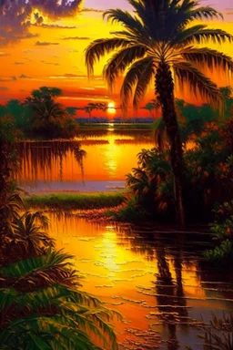 Tropical landscape oil painting, detailed Claude Monet, detailed, sunset