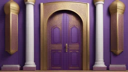 Hyper Realistic Islamic-Architectural-Open-Golden-Door-&-Navy-Wall on Purple-Rustic-Wall with maroon-crafting-on-white-pillars