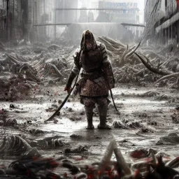 a lone warrior battling through a sea of filth