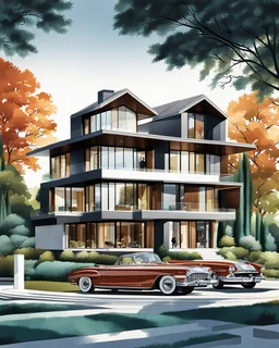 Architectural drawing of a luxurious modern two-story country house, trees, people and cars, complementary colors