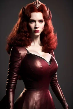 christina hendricks as evil queen in burgundy leather gown , angry, stern look, volumetric lighting, particales,highly detailed,cinematic, deep colours,8