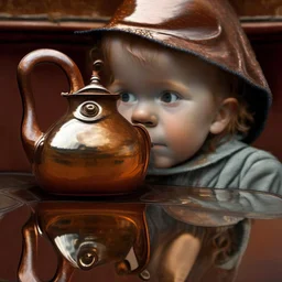 The reflection of a child on the surface of an old copper teapot