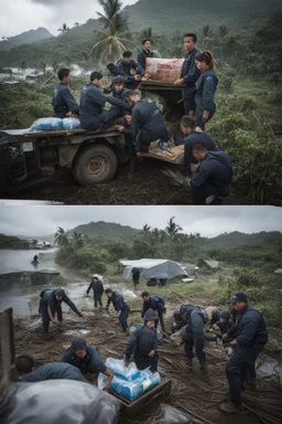 **Cinematic Art:** A war-time drama set against the backdrop of a typhoon, where a team from the World Food Programme (WFP) must deliver aid supplies to a remote island. **Appearance:** art ideas that encapsulate the essence of emergency evacuation, aid supply, and safety training in the context of hurricanes, typhoons, tornadoes, and cyclones. These ideas aim to promote vigilance regarding the preservation and protection of rights for the global public, communities, societies, and individuals,