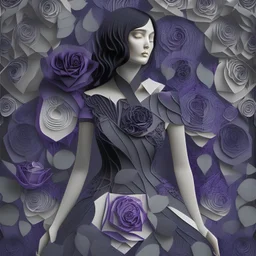 Ultra realistc woman in black dress with black hair Around black and purple roses. background. An intricate detailed white 3D paper patchwork.