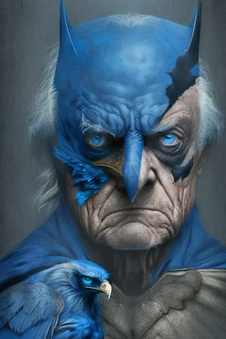 batman old face and with big blue eyes holding an eagle in his left hand