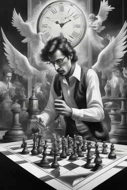 news paper journalist harlequin playing burning chess on racing field with a confused look on his face in front of a huge glass prism clock with angels, in the style of Escher