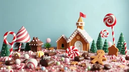 lifesize candy land with chocolate, lollipops, gingerbread hyperrealistic