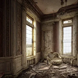 abandoned, two story grand building, open windows, crumbling, debris, weeds, 8k resolution, high-quality, elaborate, fine-detail, intricate, baroque, detailed matte, digital art, volumetric lighting, illustration, 3D octane render, brian froud, howard lyon, selina french, anna dittmann, annie stokes, lisa parker, greg rutowski