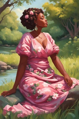 An expressive oil painting art illustration of a curvy black cartoon woman sitting relaxed on a sunny riverbank, lush green grass surrounding her. Facing left in profile, she has flowing chestnut hair styled in an elaborate braided twist. complementing the pink floral maxi dress wrapped snugly around her exaggerated curves. One hand touches her cheek lightly as she looks to the distance, brown eyes enhanced by long lashes and purple eyeshadow. Bold brown lips match the brown flowers on her dress