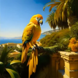 Neoclassicism realistic yellow orange cote d'azur parrot landscape sea