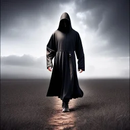 black robed and hooded monk walking in field