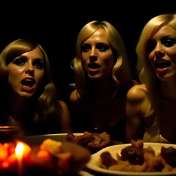 Horror movie shot, spooky, hot, ultra realistic, dine, horns, ultra realistic hot blonde women, party, pieces of meat, organs, ail, dynamic, very excited people, hypermaximalist figures, light, 1970's Italian horror movie, sinister,, Dario Argento, Stanley Kubrik, ornate, 4k, photorealism