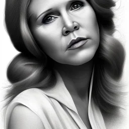  half-length portrait, three-quarter face pose of carrie fisher with photo realistic curley blond hair, entrancing brown eyes, eos5d mark 4, ef 85mm 5.6, professional photo, Intricate, High Detail, Sharp focus, beautiful and detailed lighting,