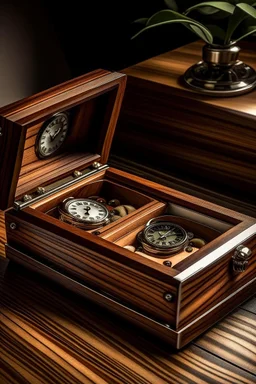 Generate an image of a Bey Berk watch box placed on a polished mahogany surface. The box should be opened, revealing a luxurious interior with space for multiple watches. The lighting should be soft, casting gentle shadows, and emphasize the craftsmanship and detail of the watch box."