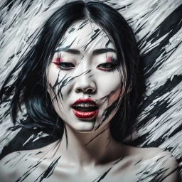 paper portrait of Goth Asian woman, lying pose, face distorted with pain, reverse colors, screaming, tears streaming from eyes, glitchcore, horror, ultra realist texture,