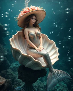 realistic photo rendering picture full body beautiful Mermaid sit pose on large mollusk shell,she wearing luxurious shimmer hat large made from borroque elements flowers sea, seaworld,underwater full of sorrounded bigbubble waters