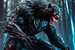 Shadow symbiote in 8k sci-art drawing style, bear them, neon ice power, ice forest, highly detailed, high details, detailed portrait, masterpiece,ultra detailed, ultra quality