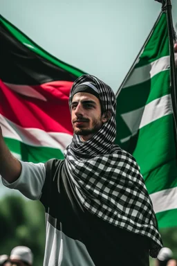 A young man stands and holds a large Palestinian flag in his hands and waves it while wearing a keffiyeh