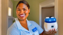 hispanic housekeeping holding airpod case