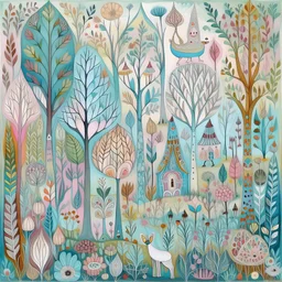 Folk art, an enchanted forest, mixed media, soft muted colors