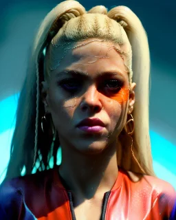 portrait, Shakira, blonde artist, angry, Realistic image, boxing robe, hoodie, mouthguard, nose band aid, loose long hair, eyes make up, perfect, glow, circle iris. Rain, fog, Neon colors, leds. Dark background, photo studio, neon lights. concept art, smooth, unreal engine 5, god lights, ray tracing, RTX, lumen lighting, ultra detail, volumetric lighting, 3d, finely drawn, high definition, 4k.