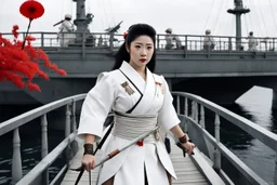 In a surreal twist of fate, a woman emerges on the bridge of the Potemkin, a Japanese battleship from World War II. She stands clad in a 1960s style bloody and white mini dress like an armored onna bugeisha warrior , wielding a katana with ancient grace. The fusion of eras and cultures creates a psychological thriller atmosphere, akin to a scene from the "Twilight Zone."