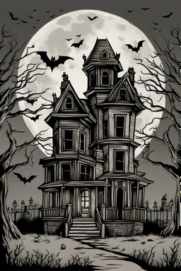A full-page illustration of the haunted house from the outside with spooky details like bats, a full moon, and eerie shadows, crisp line, white background, line art, only use out line art