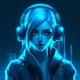 Girl, headphones, neon blue, front face, cyberpunk