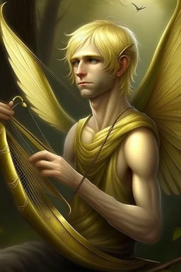 fee, männlich, libellen flügeln, hellblondes Haar, mittelalterliche Laute spielend, lange spitze Ohren, goldene Augen, realistisch