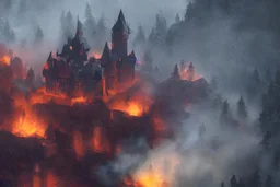 Tilt shift shot of a castle burning down in the middle of misty mountains, digital painting, artstation, unreal engine, octane, 8k