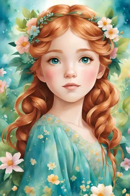 In this enchanting children's illustration, a pretty anime girl with braided ginger hair is donning a stylish turquoise dress. Her adorable green eyes emit a subtle glow, and she wears delicate flowers on her head. The scene is set amidst a backdrop of vibrant and colorful floral elements, all brought to life with the use of watercolor. The colors are vivid and clear, adding to the overall charm of the illustration.