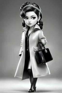 Chibi woman ,adorned in an cute hairstyle, Hermes bag, coat, in hand, walking, resembling hyperrealistic and photorealistic art styles commonly seen in glamorous Hollywood, black and white, The image exhibits meticulous and detailed renderings, featuring trace monotone effects and a polished appearance. The artwork boasts exceptional resolution at 32K UHD, highlighting the intricate character portrayal, masterpiece