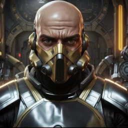 star wars bald male corellian pilot wearing pearlescent black and gunmetal grey First Order special forces heavy assault stealth commando armor and helmet with gold and red trim inside the jedi temple, hyperdetailed, dynamic lighting, hyperdetailed background, 8k resolution, volumetric lighting, light skin, fully symmetric details