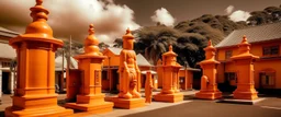 An orange colored western town with a pump station designed in Hawaiian tiki statues painted by Andy Warhol