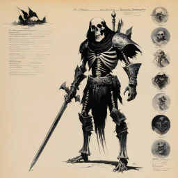 ConceptSheet: AD&D monster skeleton warrior, with statistics [by frank frazetta]