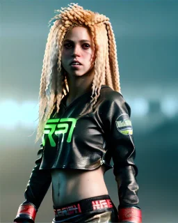 portrait, Shakira, blonde artist, angry, Realistic image, MMA robe, hoodie, mma gloves, loose long hair, fight pose, eyes, make-up, gold line make-up, moisture, sweat, fog, goddess, Neon colors, leds. Black background, photo studio, concept art, smooth, unreal engine 5, god lights, ray tracing, RTX, lumen lighting, ultra detail, volumetric lighting, 3d, finely drawn, high definition, 4k.