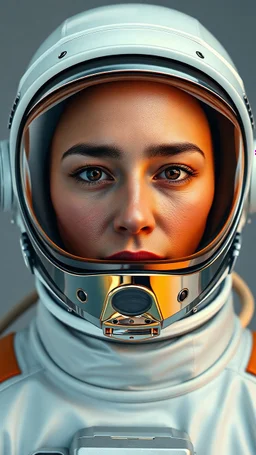 photo real of pretty and firm astronaut, Eurosian mixed facial symmetry, wearing sufficient simple unique amazing mask, the mask is big glass and the rest made of chromium metal one layer, color #edb00e, to see outside view of a planet reflected partially, smooth mask no buttons nor gadgets, color gradient astronaut mask orange color, enhanced exposure lights, futuristic appealing intricate meticulously detailed. photo real complementary colo