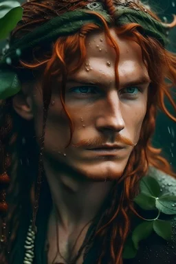 wet pirate nereid male with auburn hair and seaweed braid