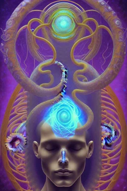 Spiritual being with Tentacles over human Head creating reality around, wrapping Spiral around Human, Psychedelic