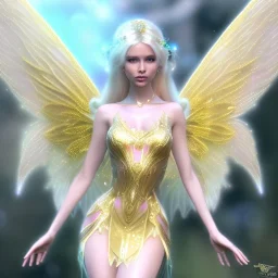 beautiful fairy very etheric, nice smiling, long blond hair, magic glamour pink make up, delicate colors, complete vision of very transparent golden and big wings, beautiful glamour transparent golden dress, ultra sharp focus, 8k, unreal engine 5, extremely sharp detail, light effect, soft light atmosphere, smooth, full of details, face in front, complete vision of face and hair and of the body