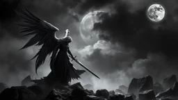 surreal dreamlike scene, stunning warrior fallen angel with sword, mystic gloomy, surreal dark shadows and pale light, stones, rocks, dark vibe, come strom , dark colors, , moon with black darkness, fog, detailed, spalh art, black and white art