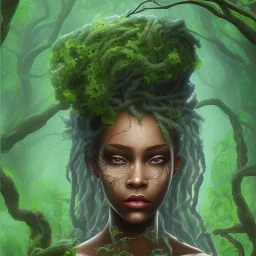 Painting .the face of A young black woman. A wood nymph emerging from the forest. Her hair looks like vines. Dreadlocs. Her skin is the colour of dark soil. Her skin looks like tree bark. Her clothing is made of vines, grass and leaves.