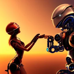 great illustrator, spanish, realistic rendering of a cute spanish girl kissing a cybergirl with helmet, beautiful, steampunk style. Helmet with tubes. Machinery in the background. robotic bird flying. High details. 4k. unreal engine, sunset