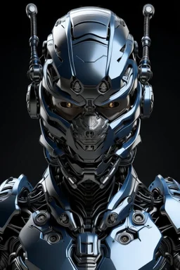 Cyborg armor with helmet on head serious face