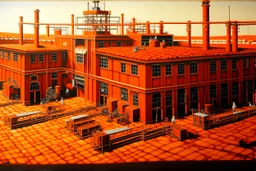 An orange colored mechanical factory with arrows designed in Moroccan rug art painted by Georges Seurat