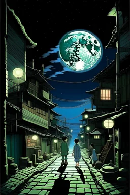 THE MOON HIDDEN SHADOWY FIGURES LABIRINTHINE STREETS STYLE OF HIROKU OGAI